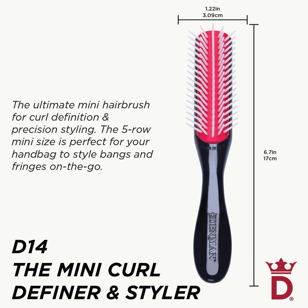 Denman Curly Hair Brush D14 (Black) 5 Row Styling Brush for Detangling, Separating, Shaping and Defining Curls, Fringes & Bangs