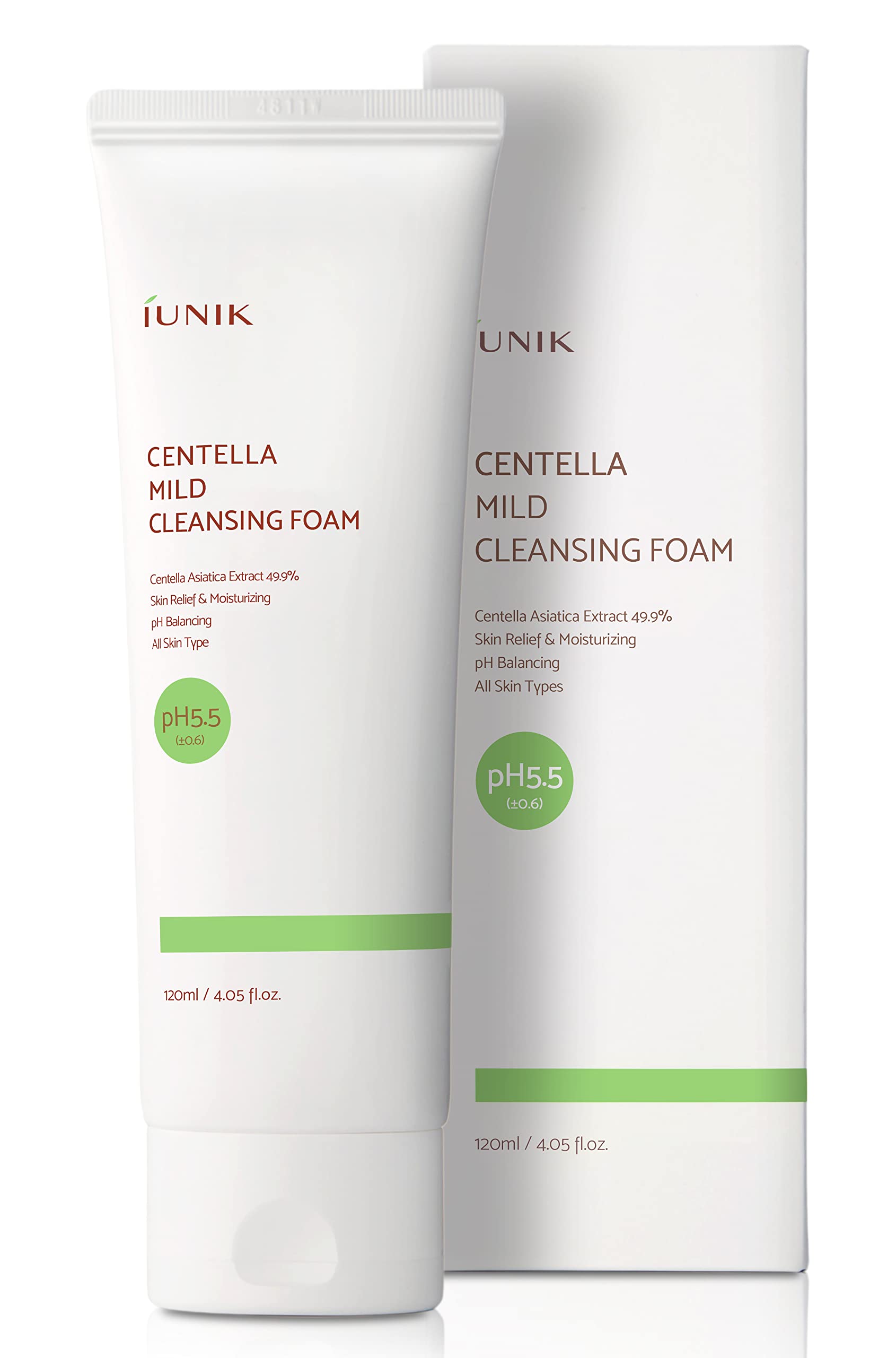 Iunik Centella Mild Foaming Facial Cleanser Sub-Acid 4 Fl. Oz. 49% Centella Asiatica Extract/Skin Relief Moisturizing Ph Balanci