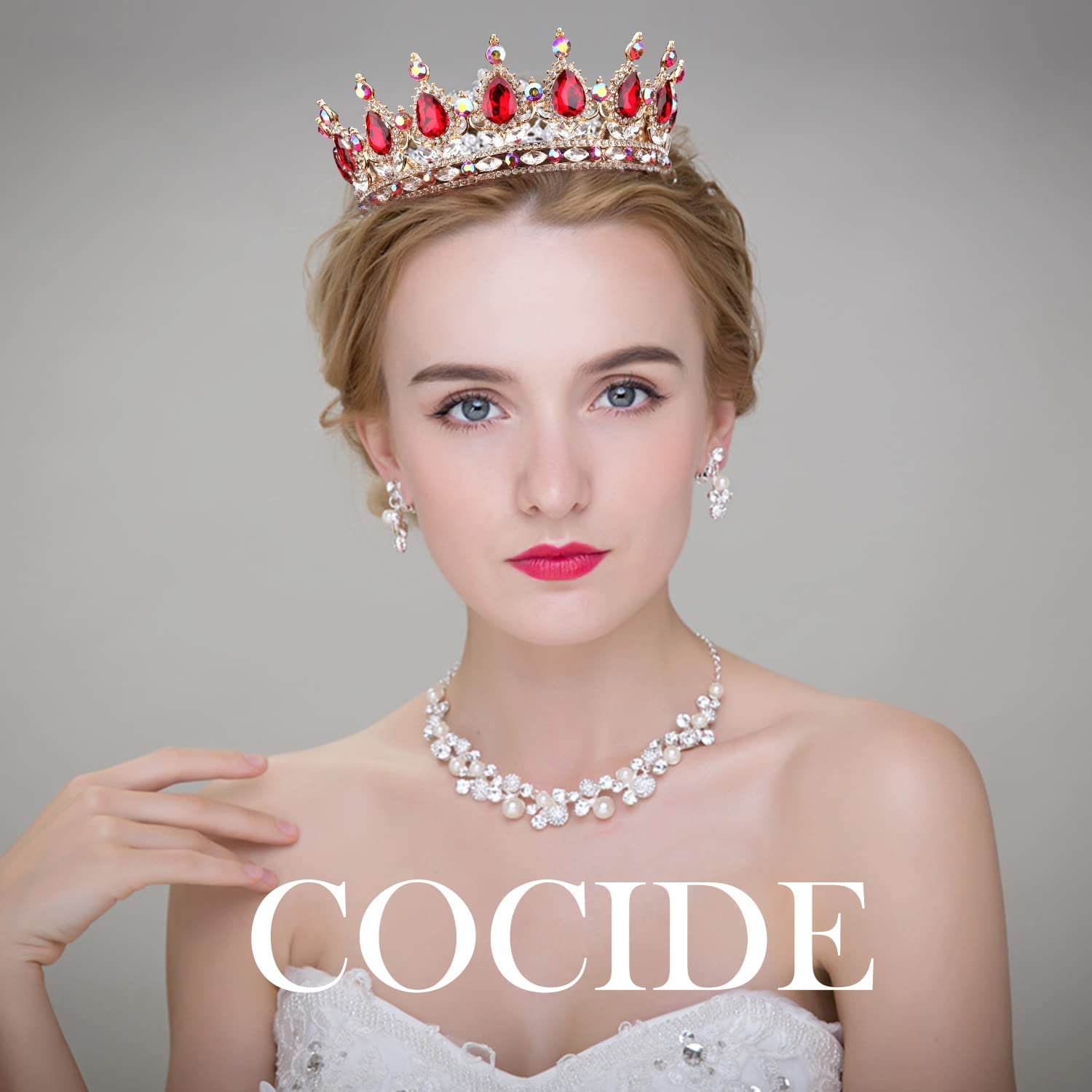 COCIDE Gold Crown for Women Red Crystal Wedding Tiara and Crowns for Girls Rhinestones Queen Headband Princess Gem Hair Accessor