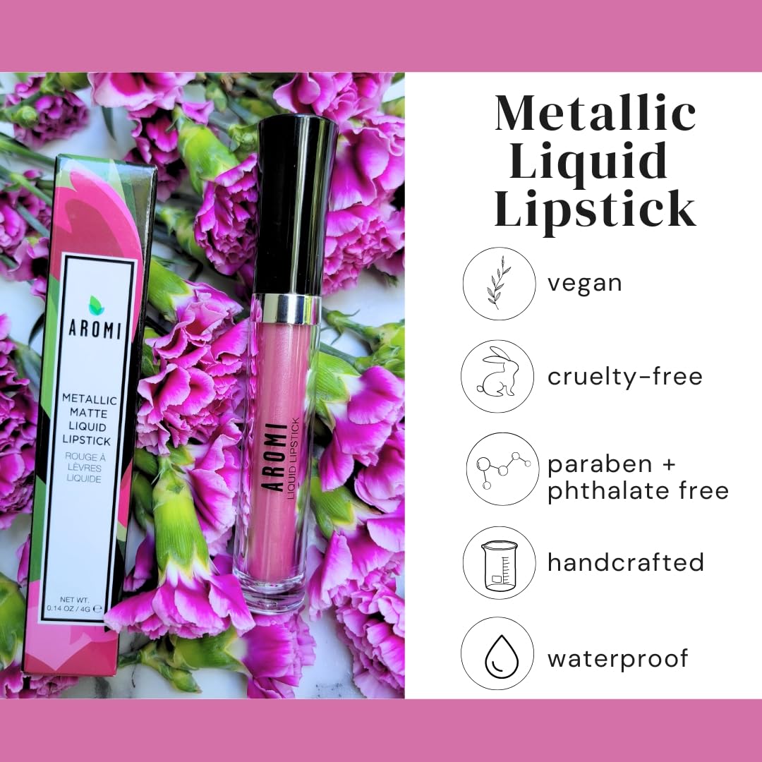 Aromi Metallic Liquid Lipstick | Light Pink Lip Color With Shimmery Finish, Vegan & Cruelty-Free, Long-Lasting Lipstick, Waterpr
