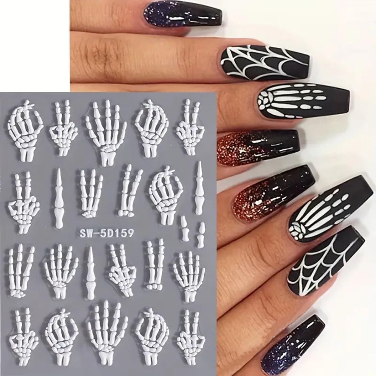 Halloween Nail Art Stickers Decals 5D Embossed Skeleton Nail Decals 2Pcs Fantasy Bone Skeleton Design Halloween Nail Stickers Na