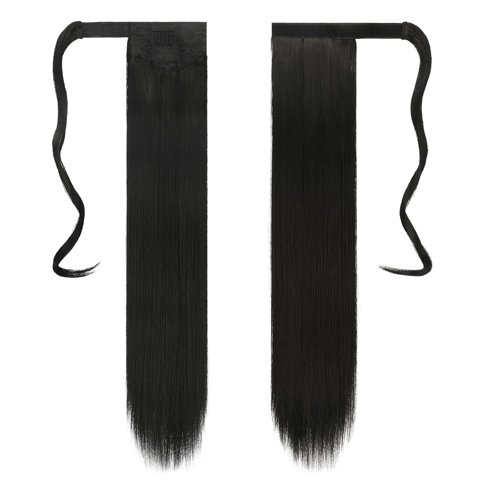 Feshfen Straight Long Ponytail Extensions 24 Inch Black Wrap Around Synthetic Ponytails Hair Piece Pony Tail Hair Extensions Hai