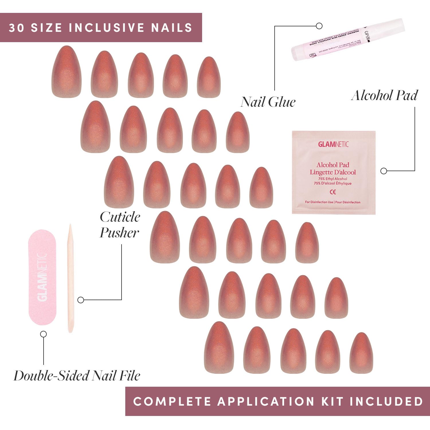 Glamnetic Press On Nails - Rose | Short Almond Rosy-Pink Nails With A Mesmerizing Metallic Finish | 15 Sizes - 30 Nail Kit With