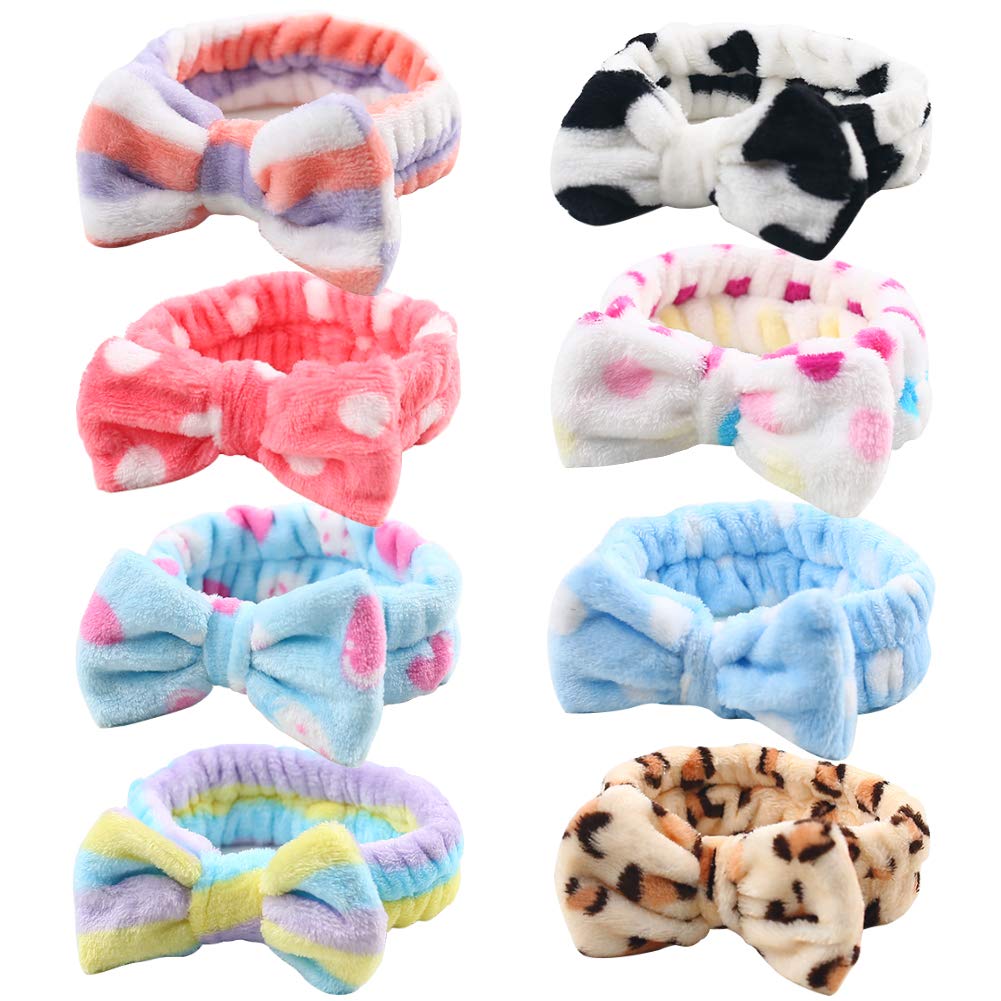 3 Otters Spa Headband, 8 Pack Spa Headband For Washing Face Bow Hair Band Fluffy Makeup Headbands, Soft Coral Fleece Head Wraps