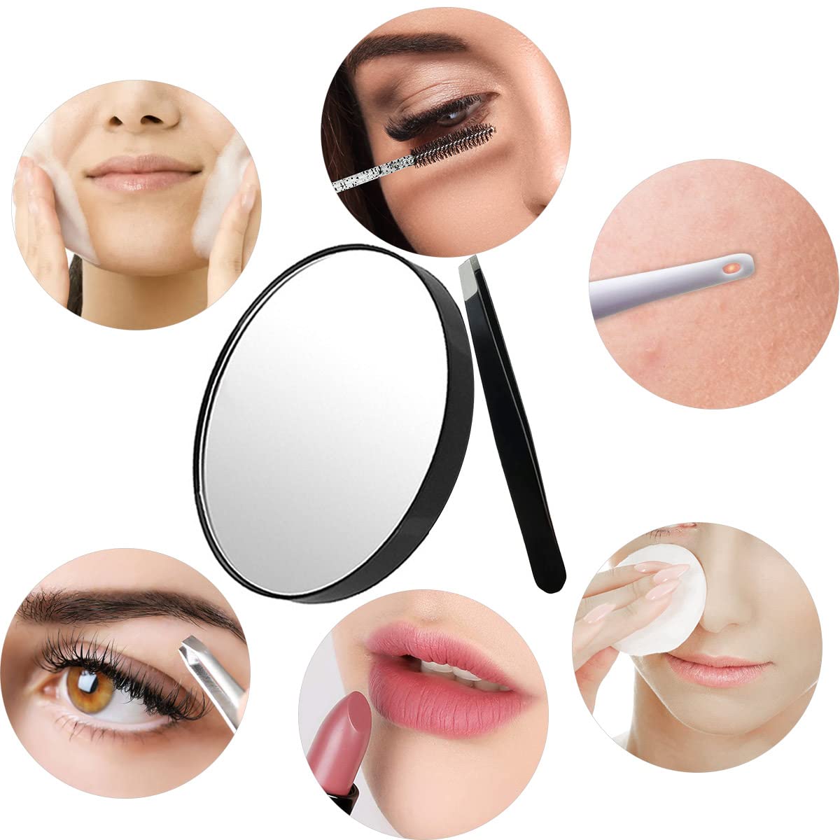 10X Magnifying Makeup Mirror With 1 Tweezers Portable Round Mirror 2 Suction Cups Travel Set For Eyebrow Tweezing Blackhead Blem