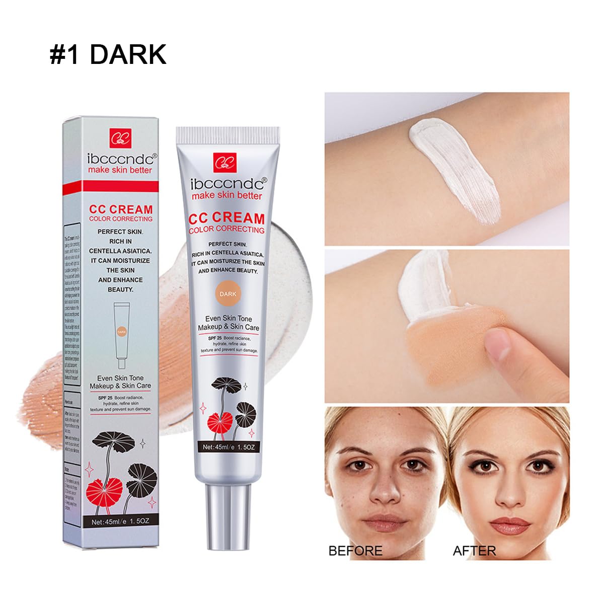 WFWJ Color Correcting CC Cream SPF 25, Hydrating Full-Coverage Foundation, Dark, 1.52 Fl Oz