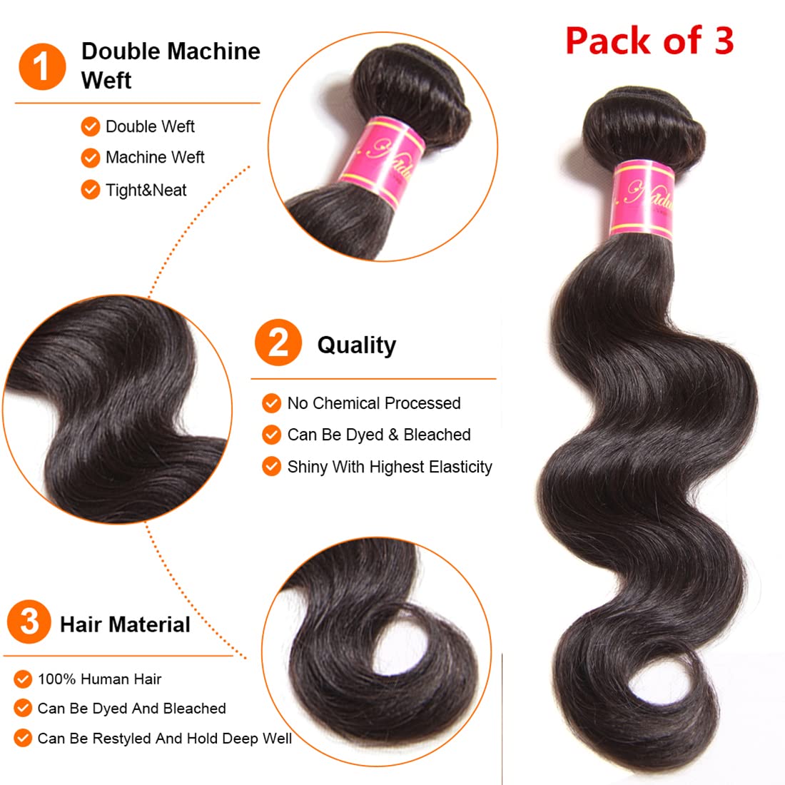 Nadula Hair 12A Brazilian Body Wave Virgin Human Hair 3 Bundles 22 24 26, 100% Unprocessed Brazilian Wavy Human Hair Weave Exten