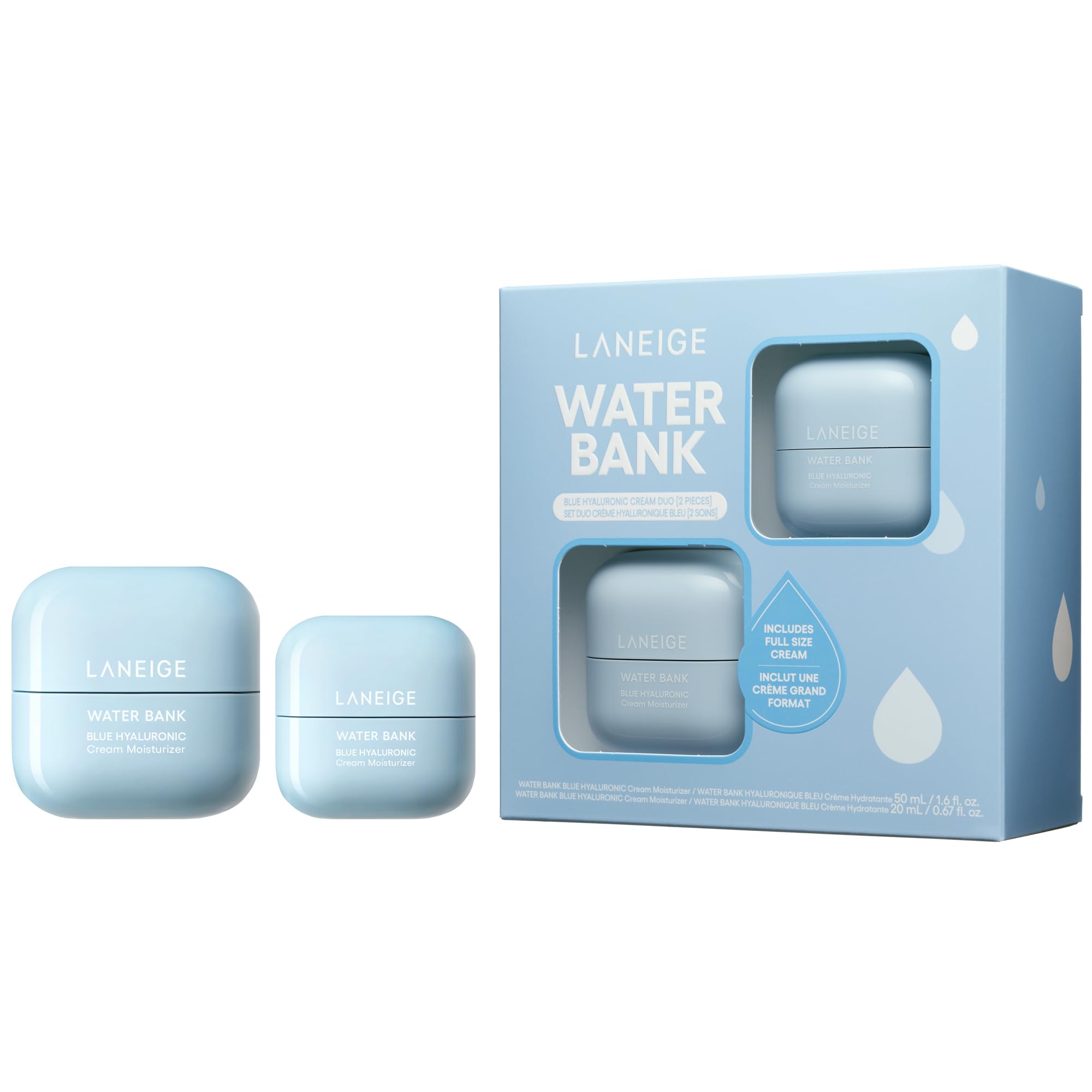 Laneige Water Cream Duo Set: Hyaluronic Acid, Barrier-Boosting Hydration, Full Sized, Travel Sized