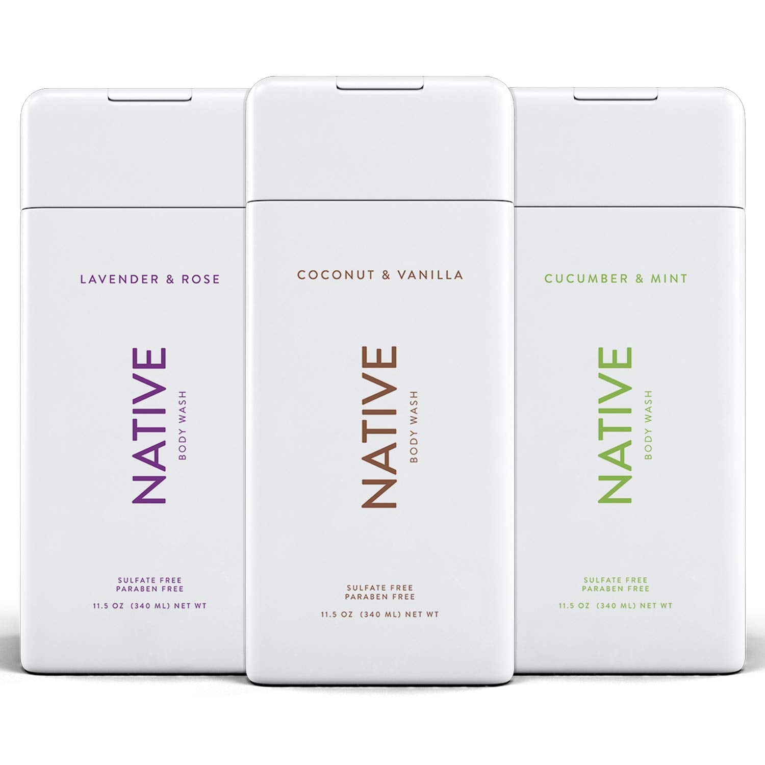 Native Body Wash 3 Pack - Natural Body Wash Women & Men - SLS & Paraben Free - Cucumber & Mint, Coconut & Vanilla, Lavender & Ro