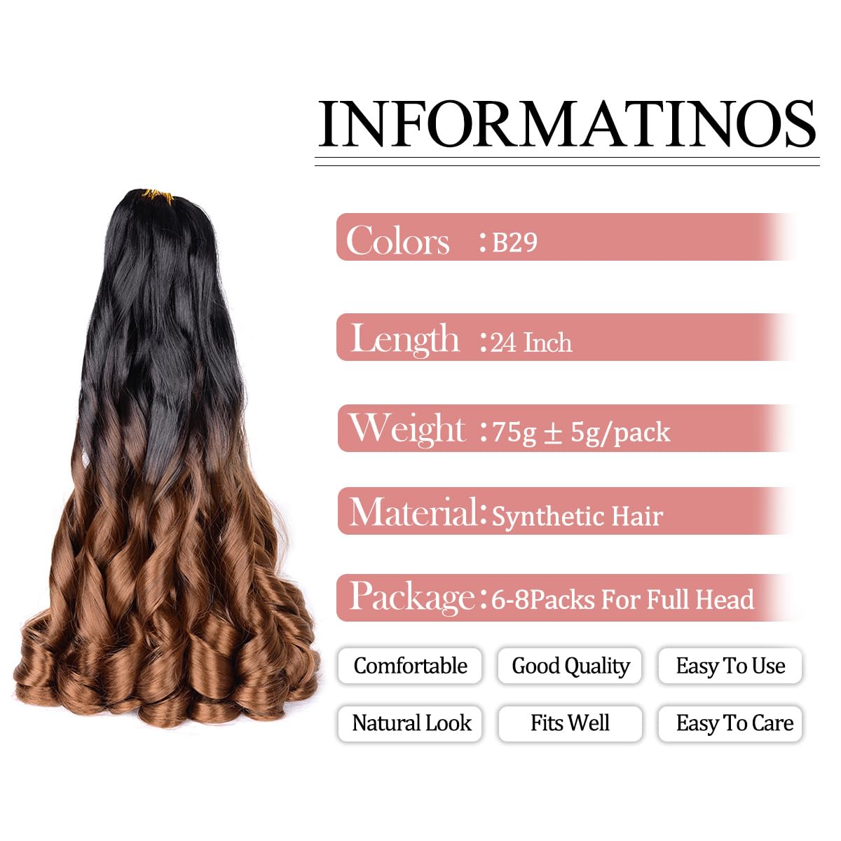French Curly Braiding Hair,24 Inch B29 Loose Wavy 2 Pack Bouncy French Curl Braiding Hair Extensions 75G/Pack Synthetic Crochet