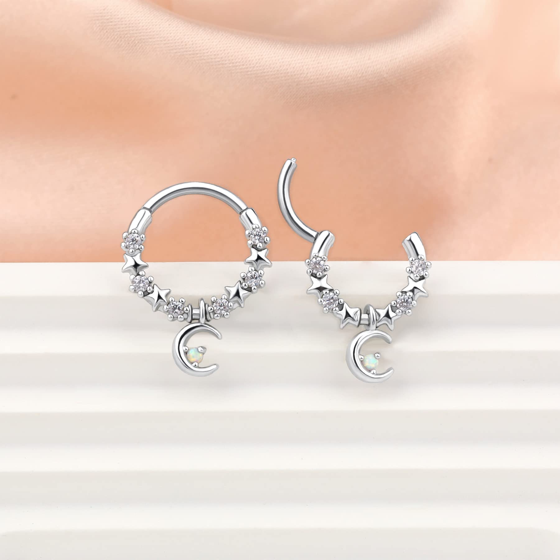 Melighting Septum Rings 16G Moon Septum Jewelry with Opal Clear CZ Surgical Steel 316L Star Helix Earring Dangle Daith Earrings