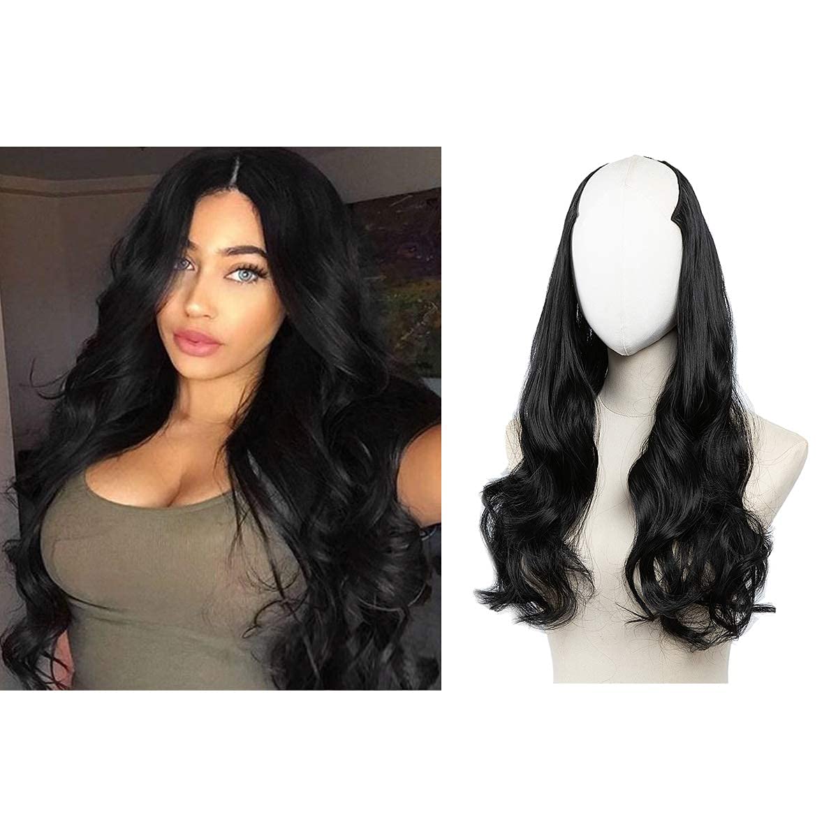 SARLA Black U Part Hair Extensions Clip in Long Synthetic Wavy Curly Full Head Hairpiece for Black Women 24 Inch
