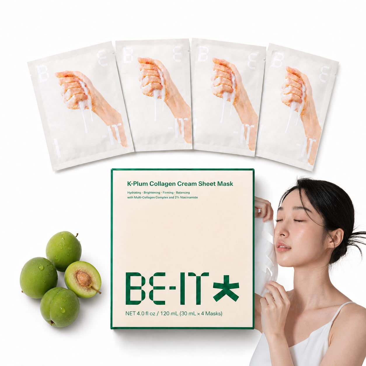 BEIT KPlum Korean Collagen Face Mask, 4 Pack  Hydrating Sheet Masks with 30ml Cream Essence, Niacinamide, 9Layer Hyaluronic 