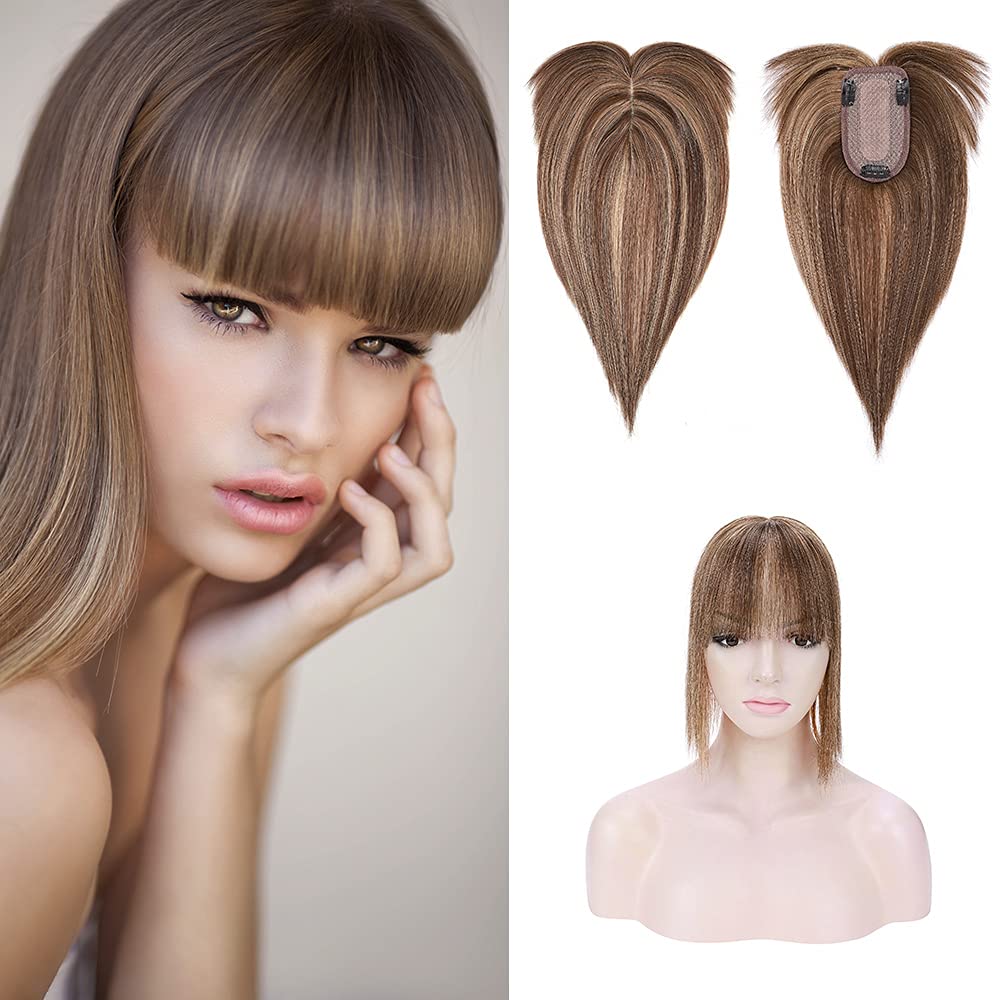 SEGO Topper Hair Piece 100% Remy Human Hair Toppers with Bangs for Women Hand-made Silk Base Clip in Topper Wiglets Hairpieces f