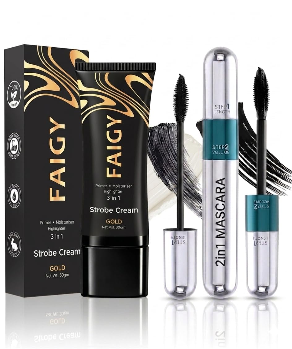 Faigy 2In1 Mascara (15 Ml) | Maximum Volume & Extended Length | Upto 18 Hours With Faigy Strobe Cream  Gold, 30Ml | Primer + 