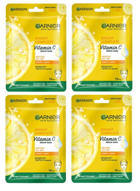 Garnier Bright Complete VitaminC Serum Mask (Face Mask) 28G (Pack Of4)