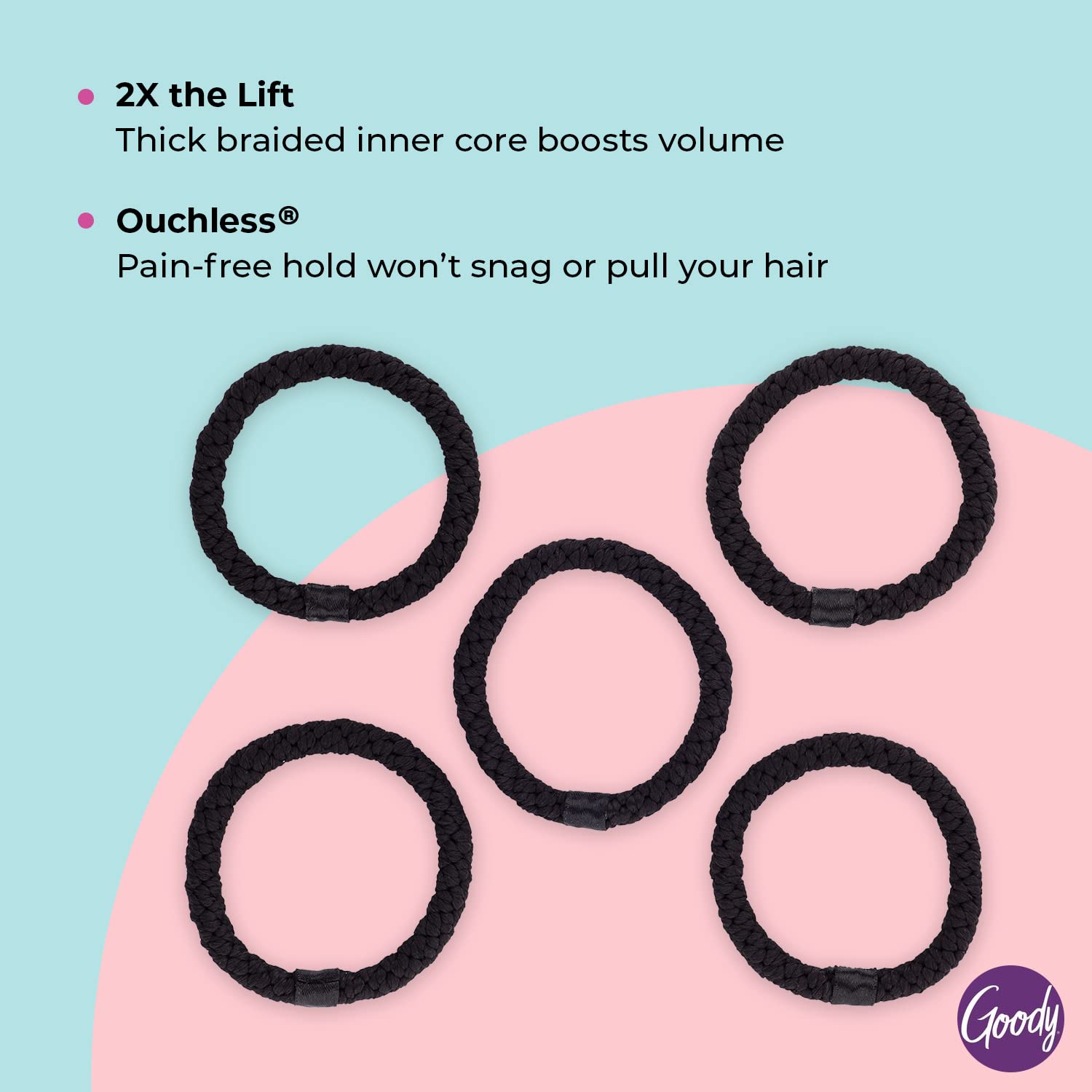 Goody Volume Boost Ponytailers Elastics Hair Tie For Fine Hair - 5 Count, Black - Ouchless Pain-Free Hair Accessories For Women,