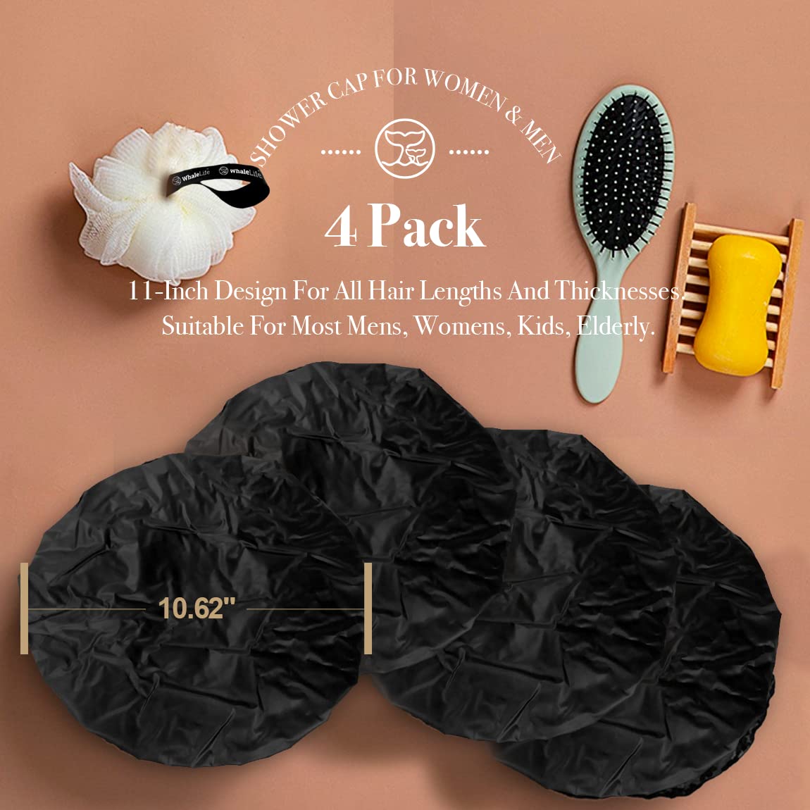 Extra Large Reusable Shower Cap For Men, Women (Black 4 Pack ) Satin Double Layer Eva Waterproof Long Hair Cap