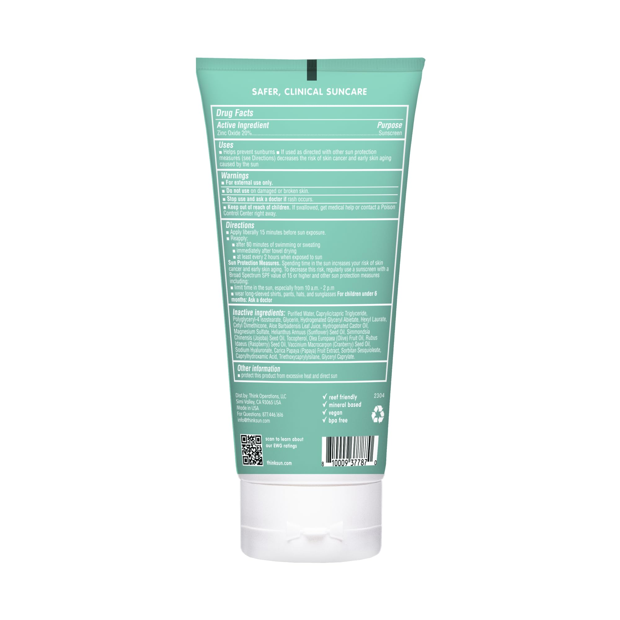 Thinkkids Mineral Sunscreen, SPF 30 Clear Zinc Oxide Sunscreen, 6 Fl Oz, Natural, Water Resistant Reef Safe Sunscreen for Kids,