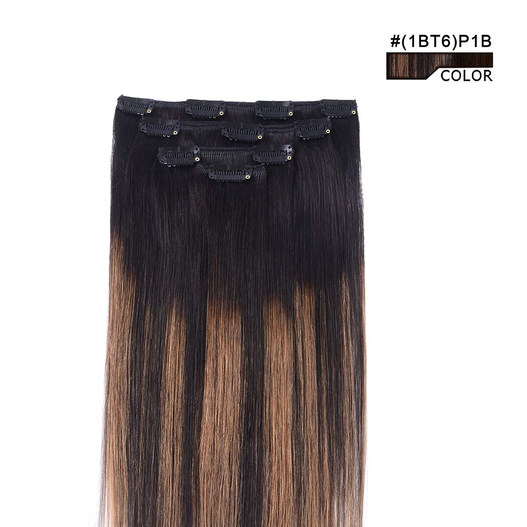 Winsky 20" Balayage Clip-In Human Hair Extensions - Silky Straight Black to Chestnut Brown Ombre, 75g, 4 Pieces, Color O#1BT6P1