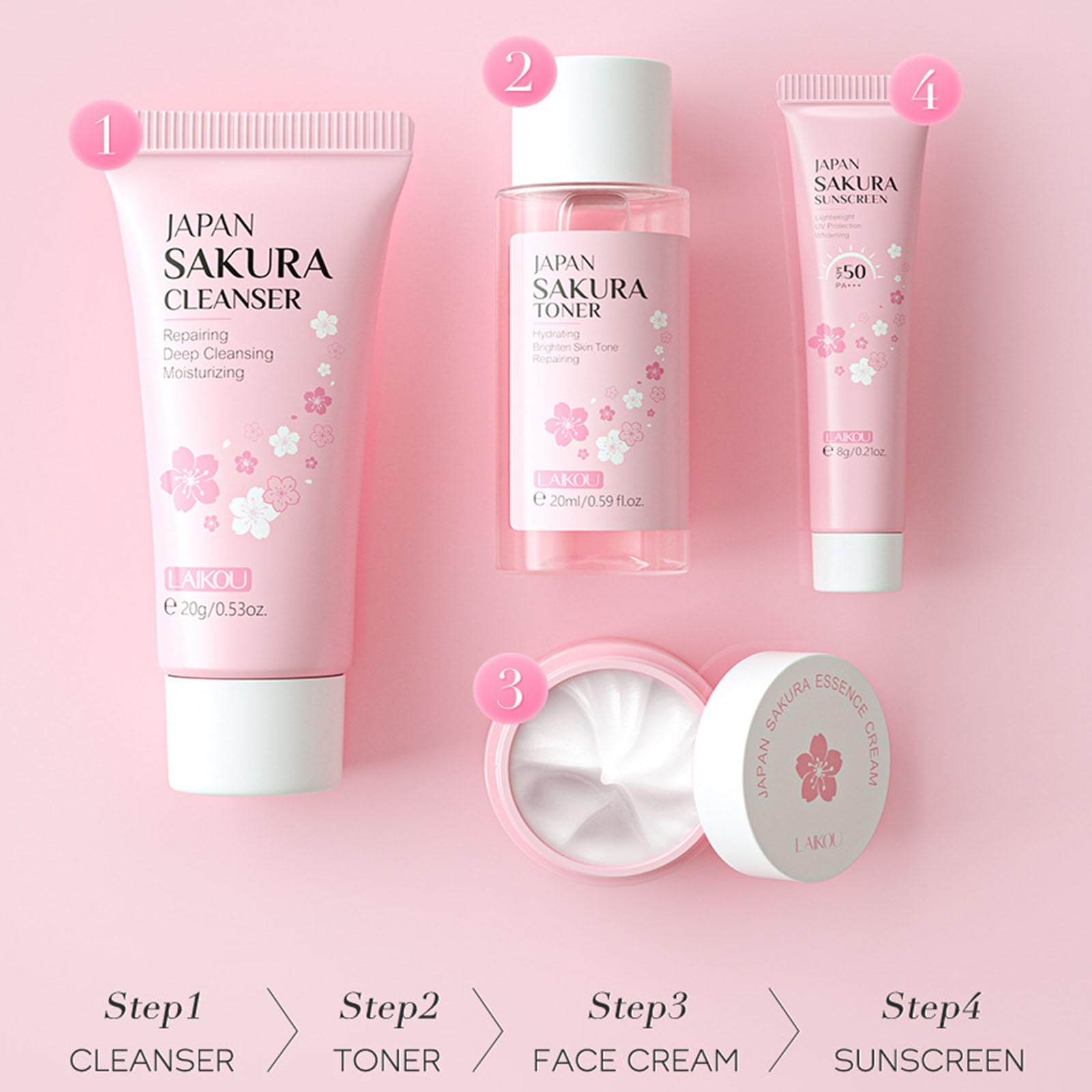Sakura Travel Skincare Set For Teenage Girls - Face Routine Set For Women,4 Piece Gentle Skin Cleaning & Care Travel Size Kit Wi