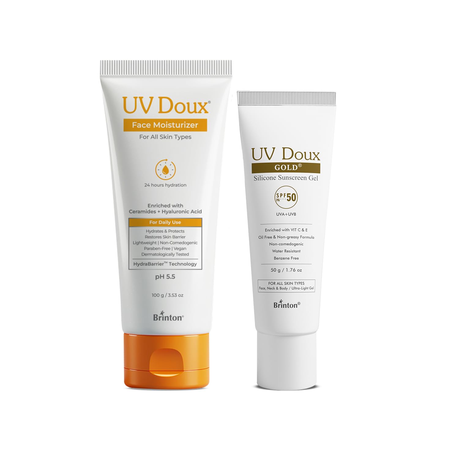 Brinton UV Doux Face Moisturizer (100g) + Brinton UV Doux Gold Silicone Sunscreen Gel SPF 50 PA+++ (50g) with Vitamin C & E, Mat