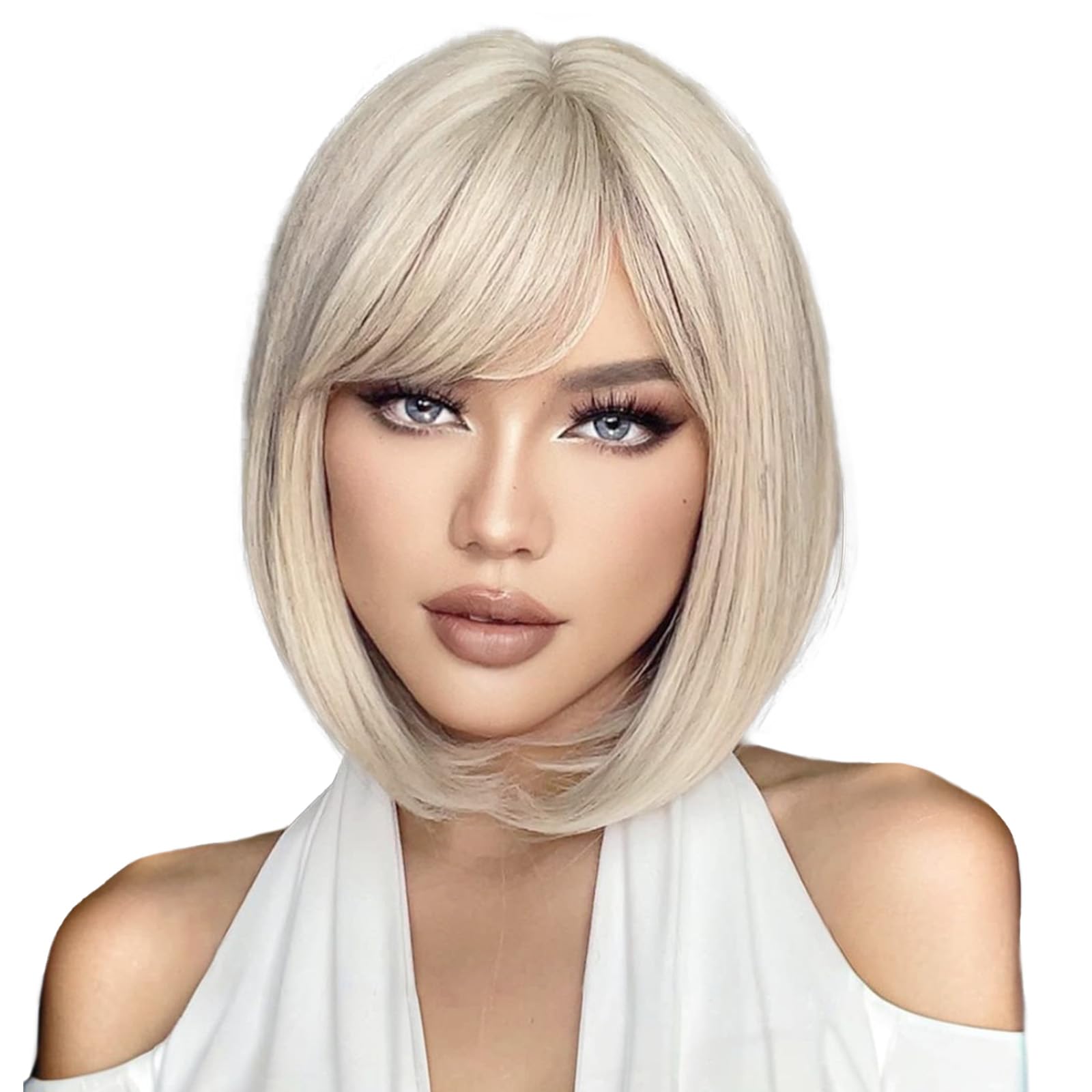 EMMOR White Wig with Bangs Short Blonde Bob wigs for Women Heat Resistant Synthetic Fiber Wigs Creamy Champaign White Natural Lo