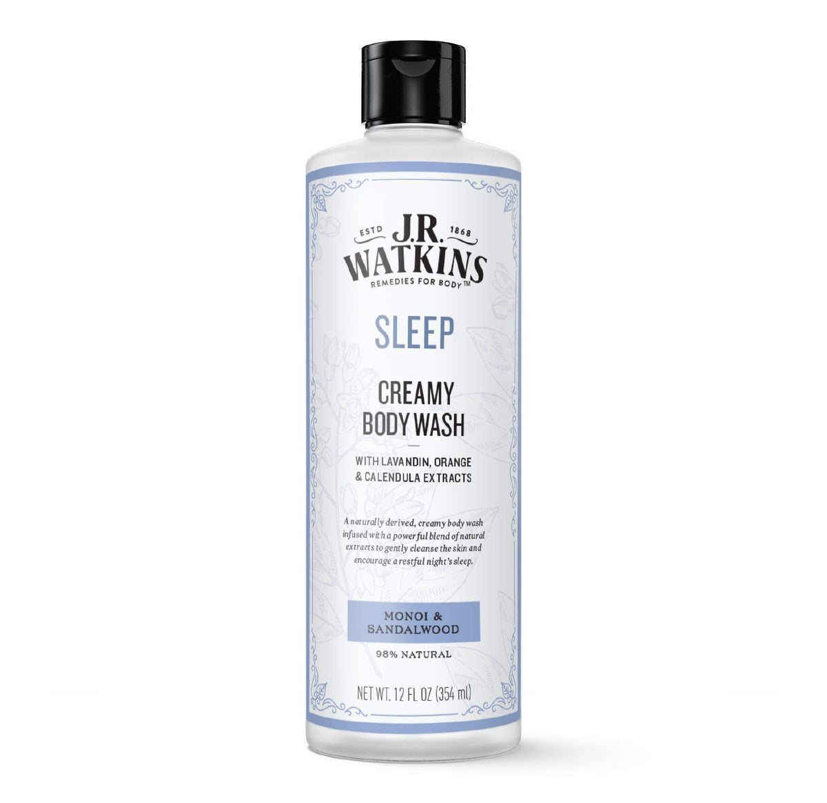 J.R. Watkins Sleep Creamy Moisturizing Body Wash, Cleanses & Encourages Restful Sleep, Natural Monoi & Sandalwood, 12 oz