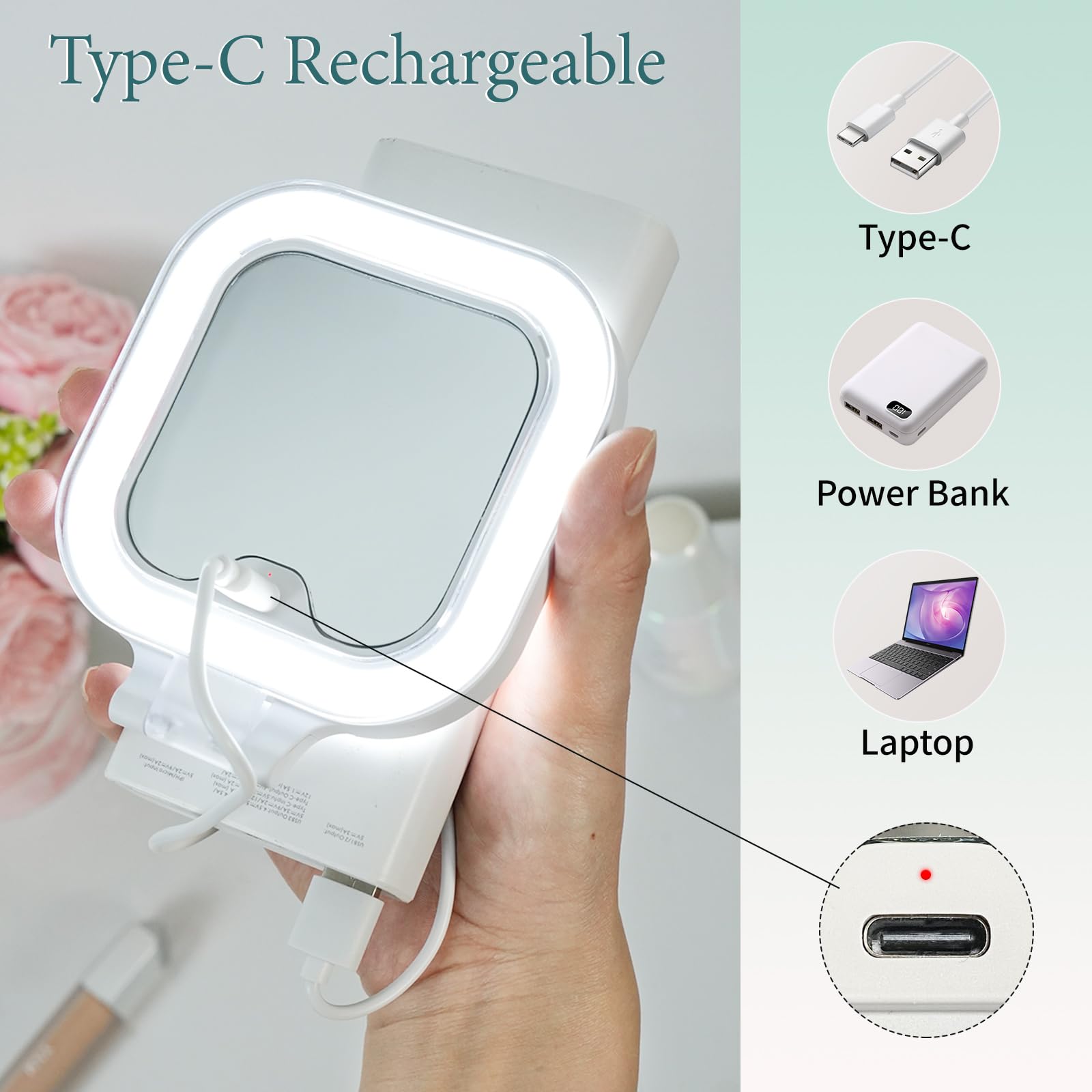 Funtouch Compact Travel Lighted Makeup Mirror, Rechargeable Double-Sided 1X10X Magnification Mirror With 3 Lights, Handheld Tabl