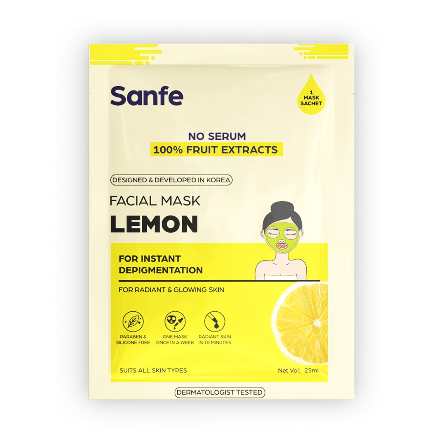 Sanfe Face Sheet Mask Shade Lemon | Brightening & Hydrating Care For Dull Skin | Oil Control Formula For OilySkin| Reduces Pig