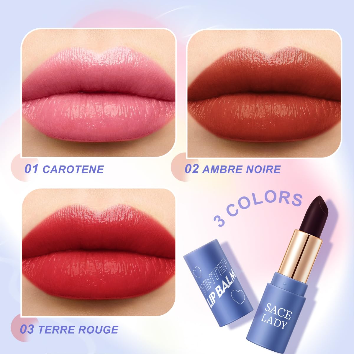 Sace Lady 3 Colors Moisturized Tinted Lip Balm Set, Sace Lady Long Lasting Color Changing Lipstick Kit For Dry Lips, Hydrating W