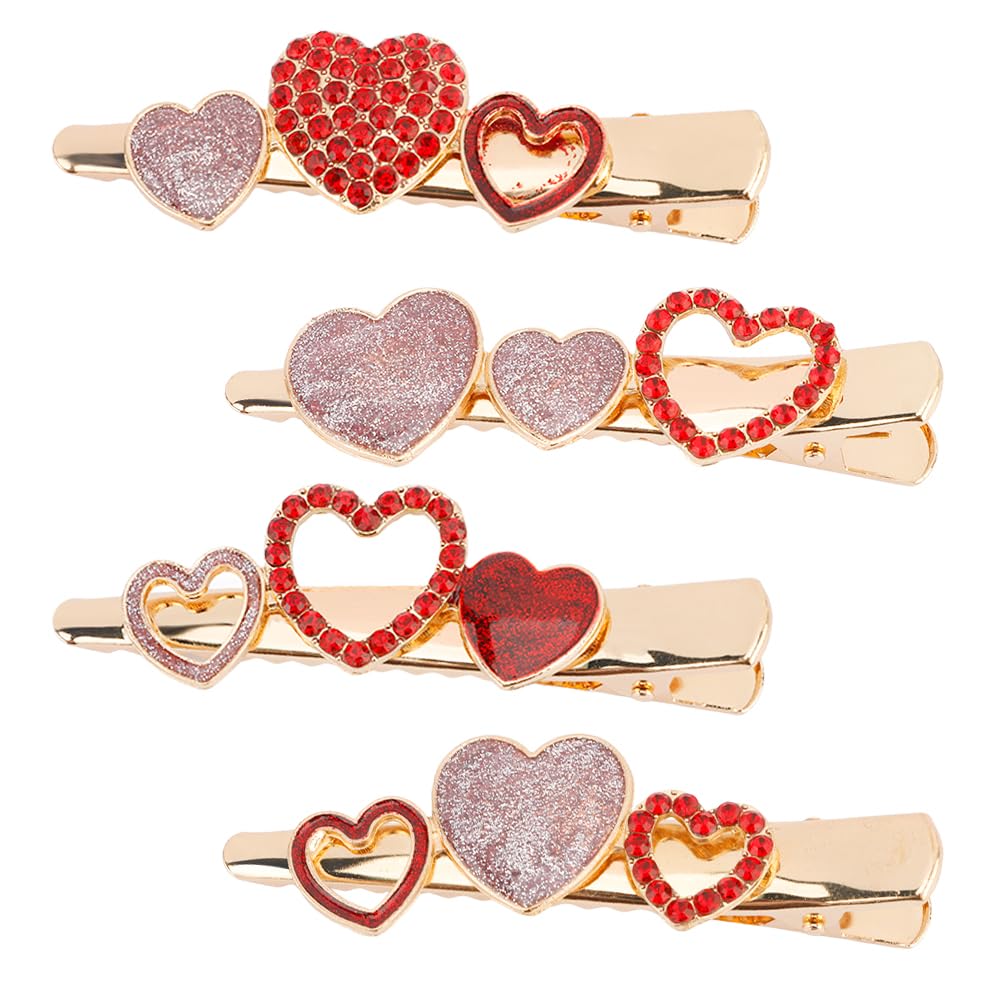 Ahoney 4Pack Valentines Day Hair Clips for Women Girls Red Heart Pink Glitter Metal Rhinestone Clips for Hair Sparkly Hair Barr