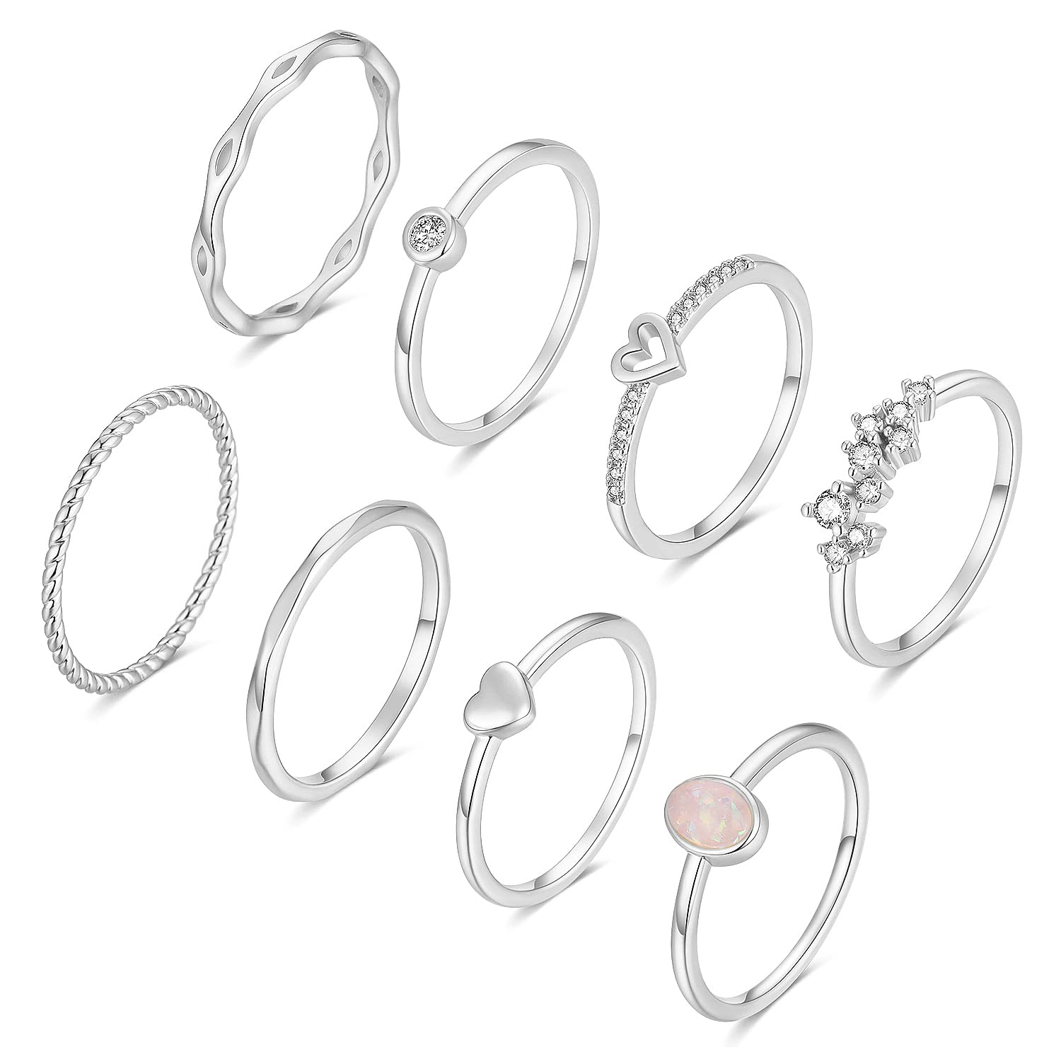 RLMOON 8PCS Silver Stacking Ring Set for Women Teen Danity Thumb Stackable Rings Heart CZ Promise Eternity Rings Plain Band Size