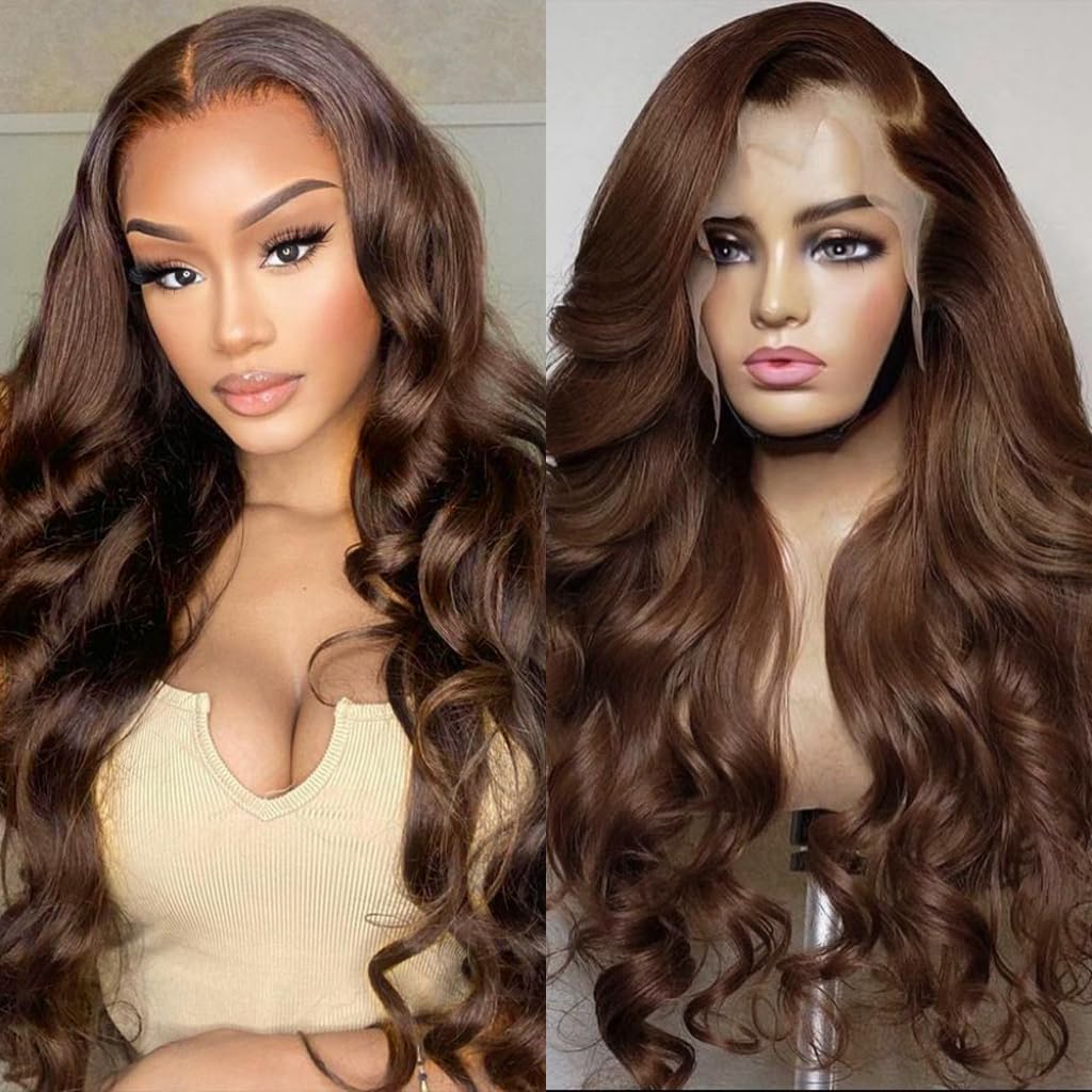 30inch Chocolate Brown Lace Front Wig Human Hair 180 Density Colored Brown Lace Front Wigs Human Hair 4# Dark Brown Body Wave Hu