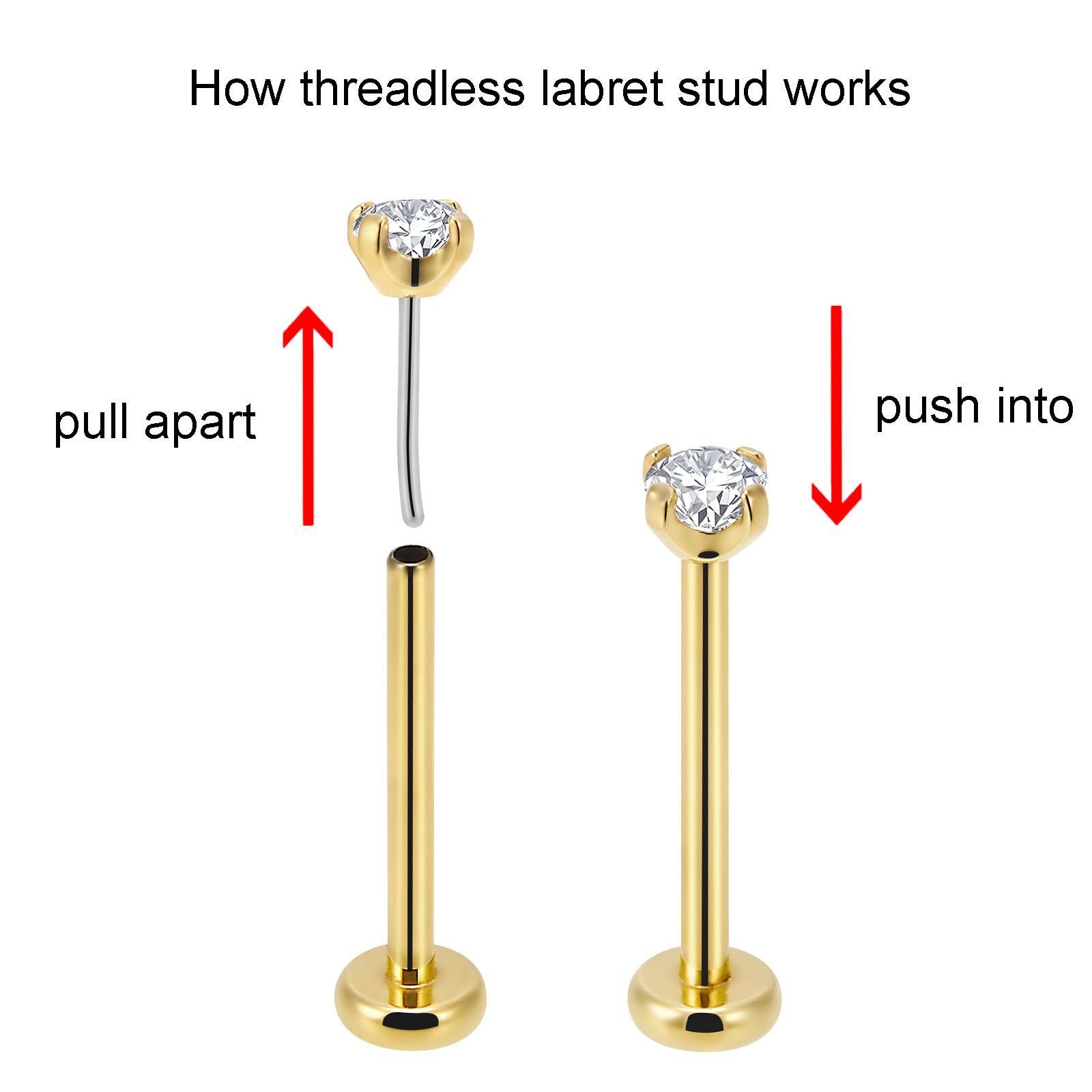 NewkeepsR 2PCS-0.8mm(20g) Titanium Gold Plated Press Fit Threadless Push Pop In Labret Lip Monroe Tragus Smallest Flatback Earri