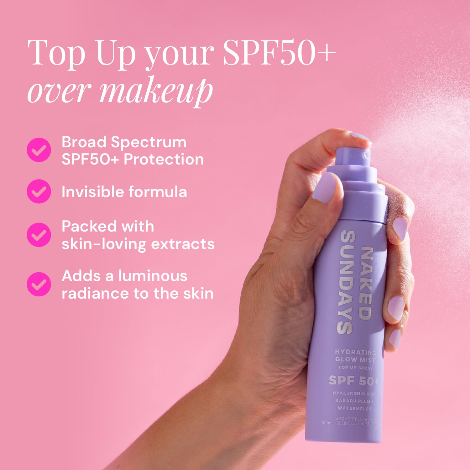 Naked Sundays SPF 50+ Hydrating Glow Face Mist, Daily Facial Setting Spray & Sunscreen for Healthy Skin, Lightweight & Non-Greas