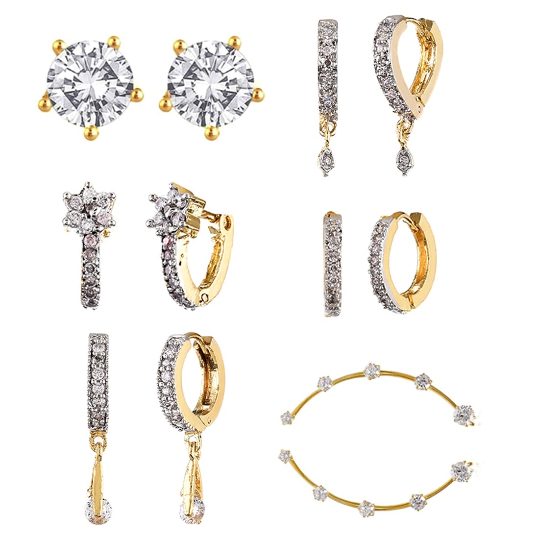 Zeneme Earring Gold Plated American Diamond Earrings Combo Of 8 Pairs Jewellery For Women & Girls (Design_07)