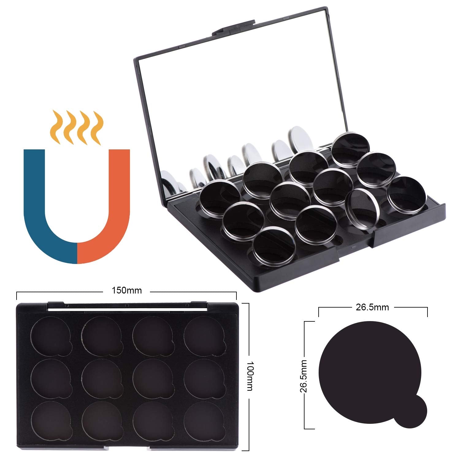 Allwon Magnetic Eyeshadow Palette with Mirror, 12 Pcs 26mm Metal Pans, 5.9x3.9 Inch, Model AW897, Plastic