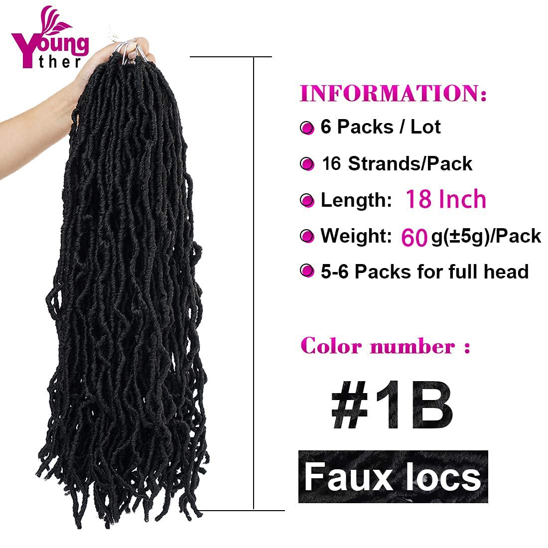 Youngther 18 Inch New Faux Locs Crochet Hair Curly 6 Packs New Soft Locs Crochet Hair For Black Women Pre Looped Synthetic Godde