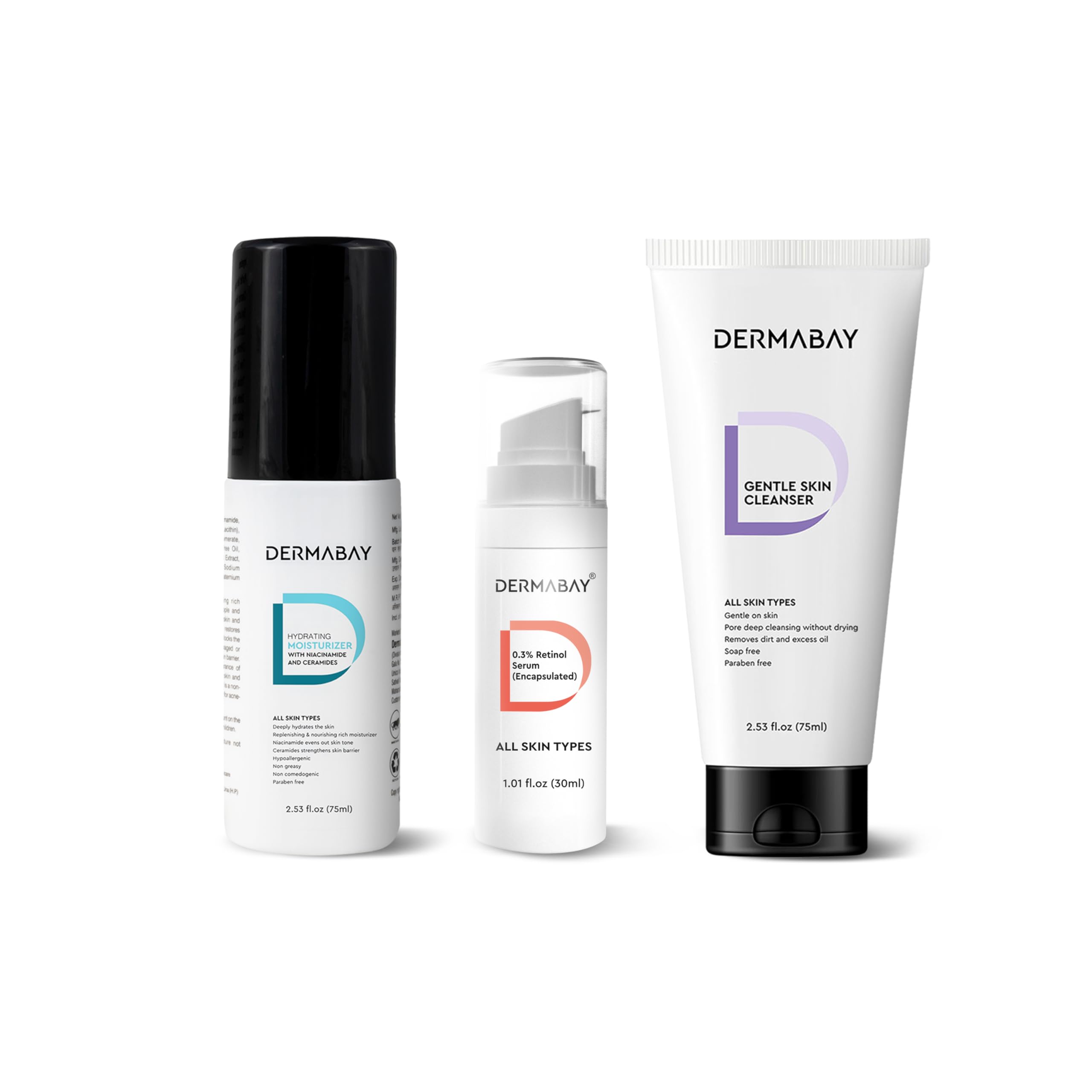 Dermabay Night Skincare Routine Combo  Gentle Skin Cleanser (75 Ml) + Retinol 0.3% Serum Encapsulated (30Ml) And Hydrating Mois