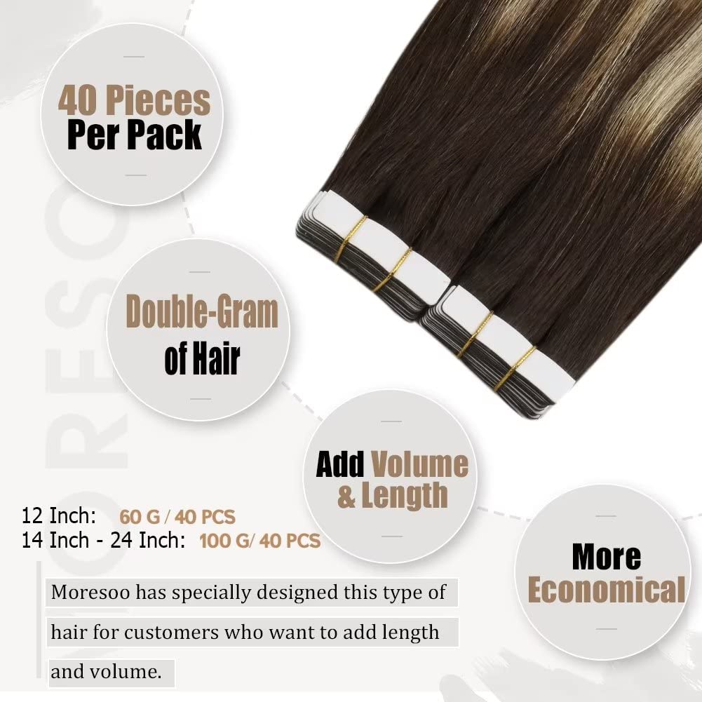 Moresoo Tape In Hair Extensions Human Hair Ombre 24 Inch Tape In Balayage Hair Extensions 40Pcs Remy Hair Extensions Tape In #2/