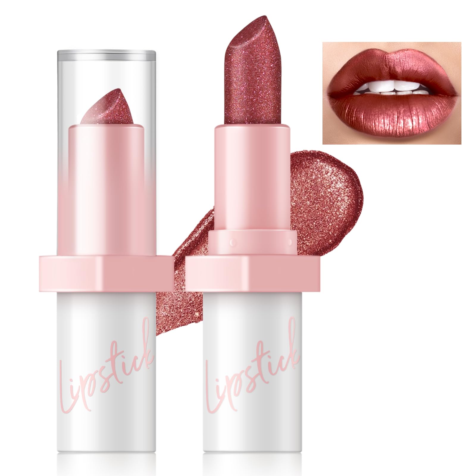 HOSAILY Metallic Red Lipstick Long Lasting, High Shine Glitter Diamond Creamy Lipstick Transfer Proof, Shimmer High Impact Lip C