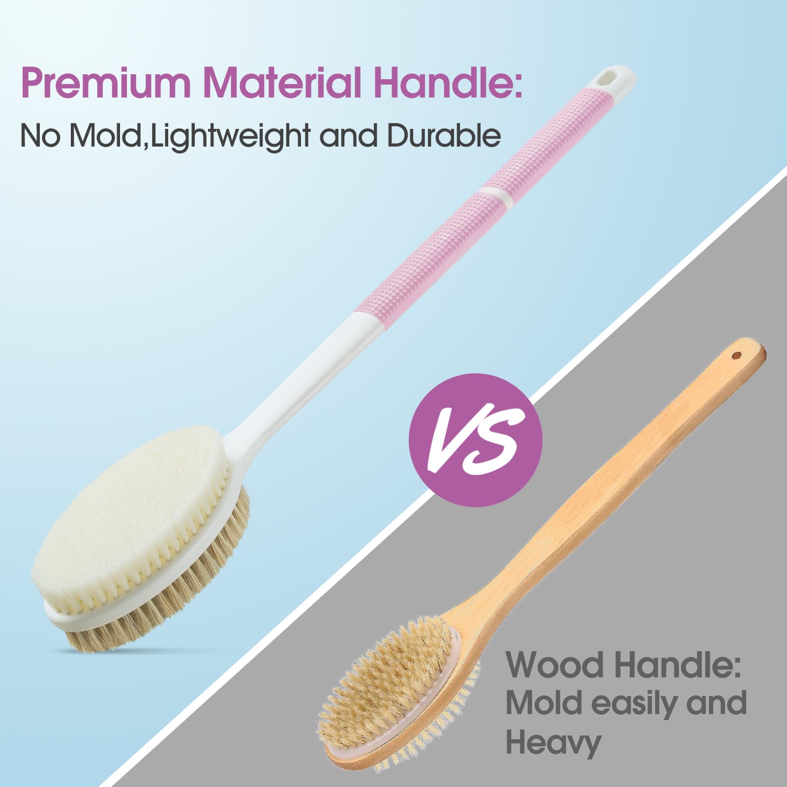 Backski Body Scrubber Anti Slip For Shower,Shower Brush Long Handle With Stiff And Soft Bristles,Body Wash Exfoliating Back Scru