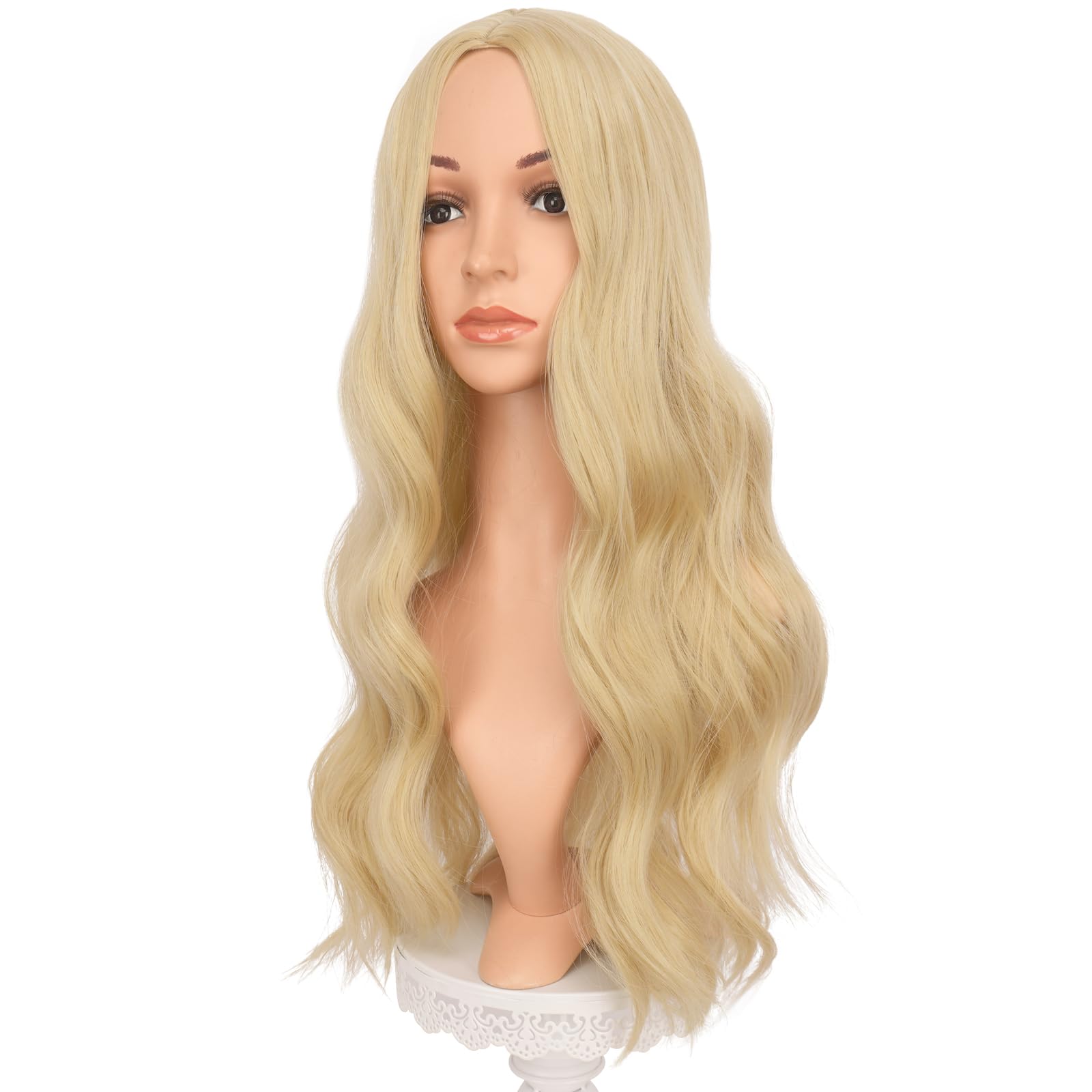 Feshfen Long Blonde Wigs For Women 22 Inch Blonde Long Wavy Full Wig Middle Parting Wigs Natural Looking Synthetic Wig For Daily