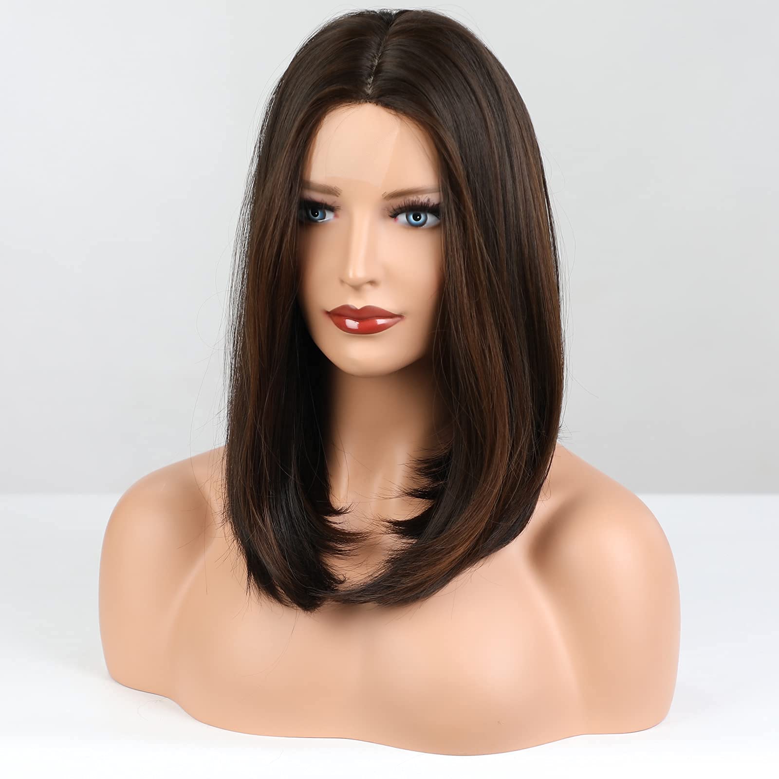 HAIRCUBE Short Dark Brown Bob Wigs Shoulder Length Wigs for Women Middle Part Heat Resistant Fibre Synthetic Wig Daily Natural l