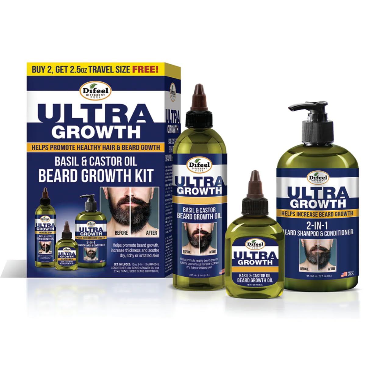 Difeel Mens Ultra Growth Beard Care 3PC Gift Set for Men  Includes 2in1 Beard Shampoo & Conditioner 12oz, Beard Growth Oil 