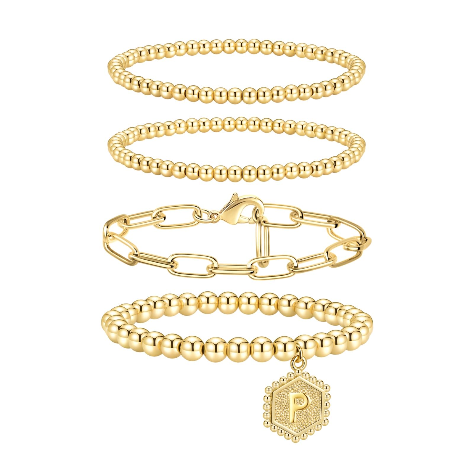 doubgood Gold Bracelets for Women, Stackable Initial Beaded Bracelet with Letter Pendant P Stretch Trendy Stack Jewelry Set for 