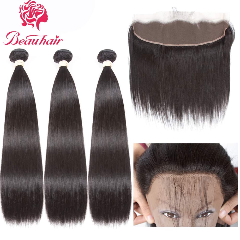 Beauhair Straight 4 Bundles With Frontal (24 26 28 30+20 Frontal) 13X4 Ear To Ear Lace Frontal 10A Unprocessed Brazilian Virgin