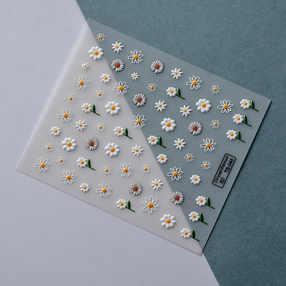 Flower Nail Art Stickers 5D Embossed White Daisy Nail Stickers Self-Adhesive Flower Nail Decals For Women Girls Daily Wear Manic