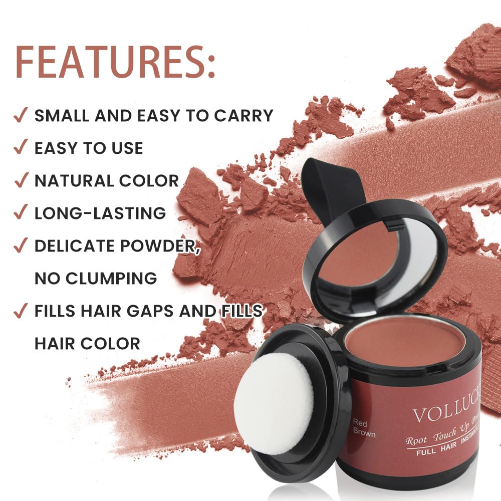 Volluck Root Touch Up Hair Powder For Women & Men, 0.35 Ounce - Concealer For Hairline, Bald Spots, Eyebrows, Red-Brown